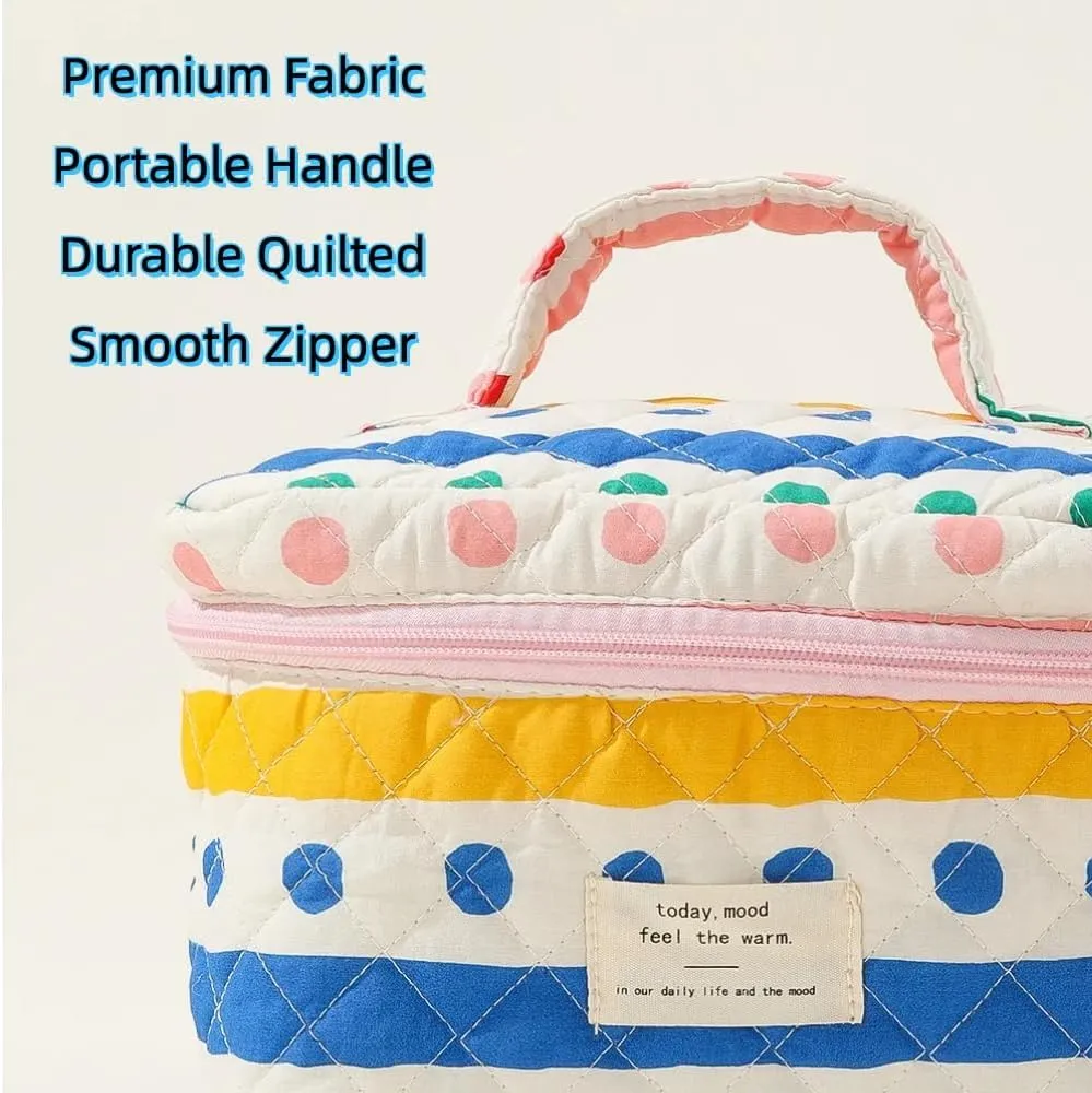 Small Large Makeup Bag for Travel Women Cute Aesthetic Cosmetic Toiletry Bags Cotton Quilted Make Up Pouch Purse Organizer (Large-02#Floral)