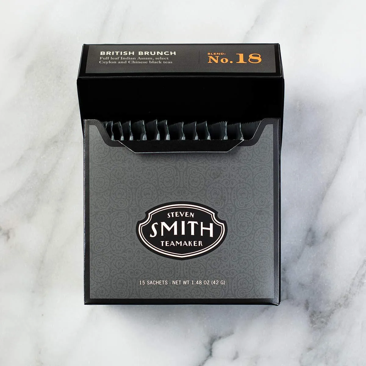 Smith Teamaker | British Brunch No. 18 - Assam, Ceylon and China Black Tea | Sugar-Free, Non-GMO, Plant Based Caffeinated Full Leaf English Breakfast Black Tea (15 Sachets, 1.48oz each)