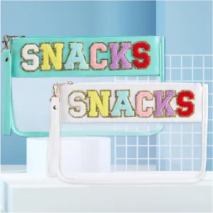 Snack Bags Clear Travel Pouch Makeup Bag Chenille Letter BagsWith Zipper,2PCS Cosmetic Bag for Women Girls,with Glitter Patch Letters(Blue and white)