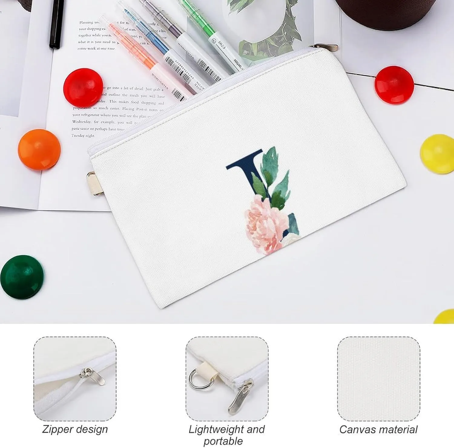 Soft Clutch Wallet, Women Handbag Canvas Zipper Makeup Bag Holder Purse for Credit Coin Bills Crash 7.4x4.6 in Print Floral Alphabet Monogrammed Navy Letter J