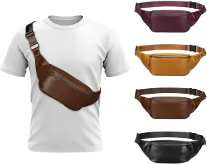 Soft Leather Fanny Pack for Women & Men, Crossbody Waist Pack with Adjustable Strap, Large Pocket, Sturdy Zippers, for Travel, Hiking, Running, Brown