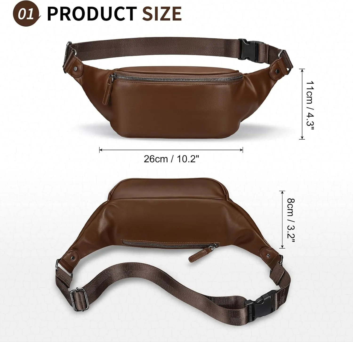 Soft Leather Fanny Pack for Women & Men, Crossbody Waist Pack with Adjustable Strap, Large Pocket, Sturdy Zippers, for Travel, Hiking, Running, Brown