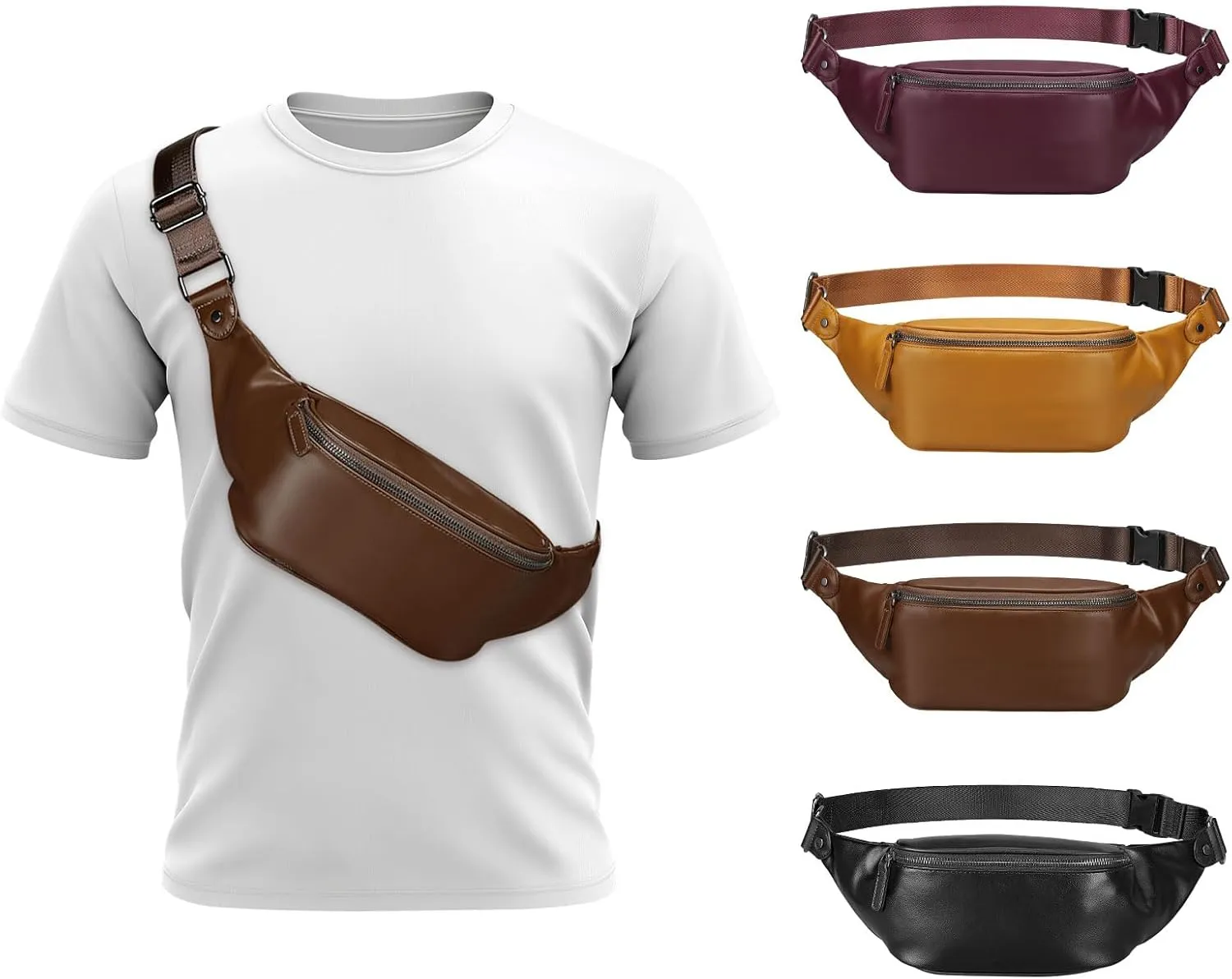 Soft Leather Fanny Pack for Women & Men, Crossbody Waist Pack with Adjustable Strap, Large Pocket, Sturdy Zippers, for Travel, Hiking, Running, Brown
