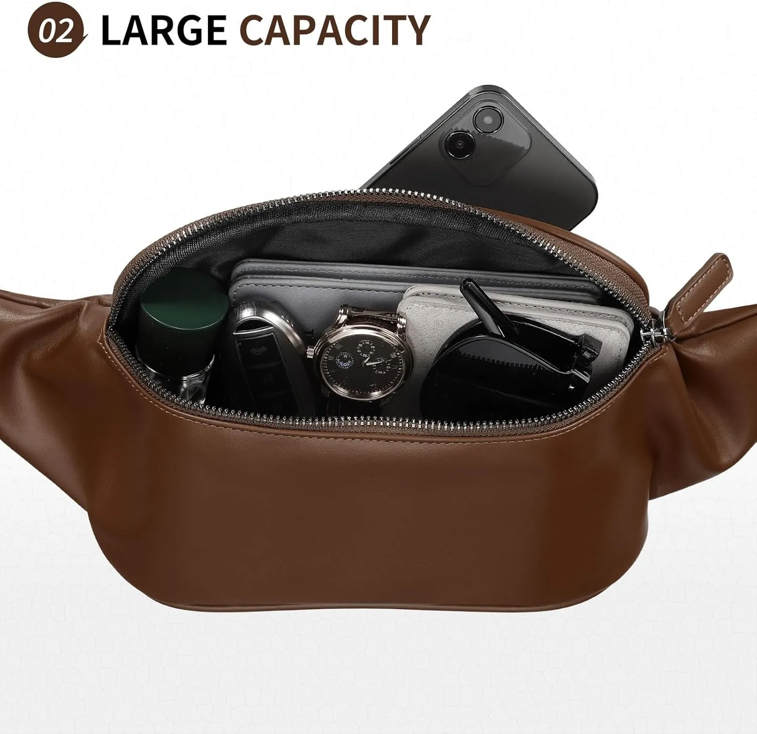 Soft Leather Fanny Pack for Women & Men, Crossbody Waist Pack with Adjustable Strap, Large Pocket, Sturdy Zippers, for Travel, Hiking, Running, Brown