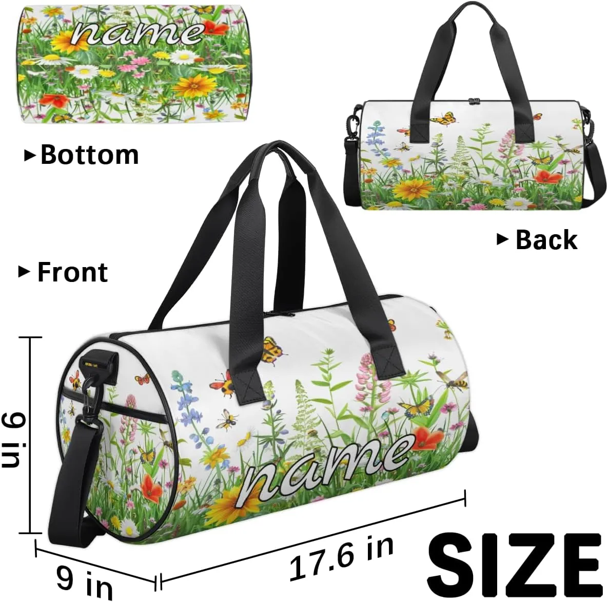 Spring Floral Custom Duffel Bags Watercolor Flower Butterfly Weekender Bags Custom Sport Duffel Bag Carry on Overnight Weekender Bag