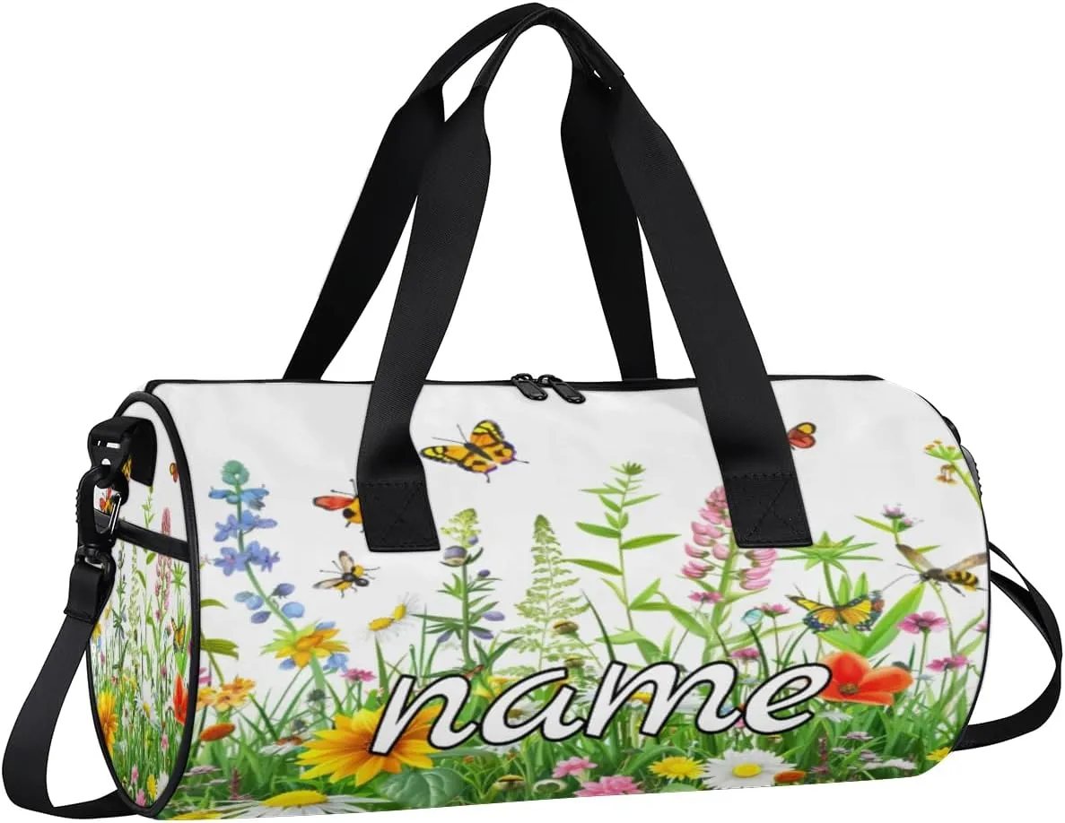 Spring Floral Custom Duffel Bags Watercolor Flower Butterfly Weekender Bags Custom Sport Duffel Bag Carry on Overnight Weekender Bag