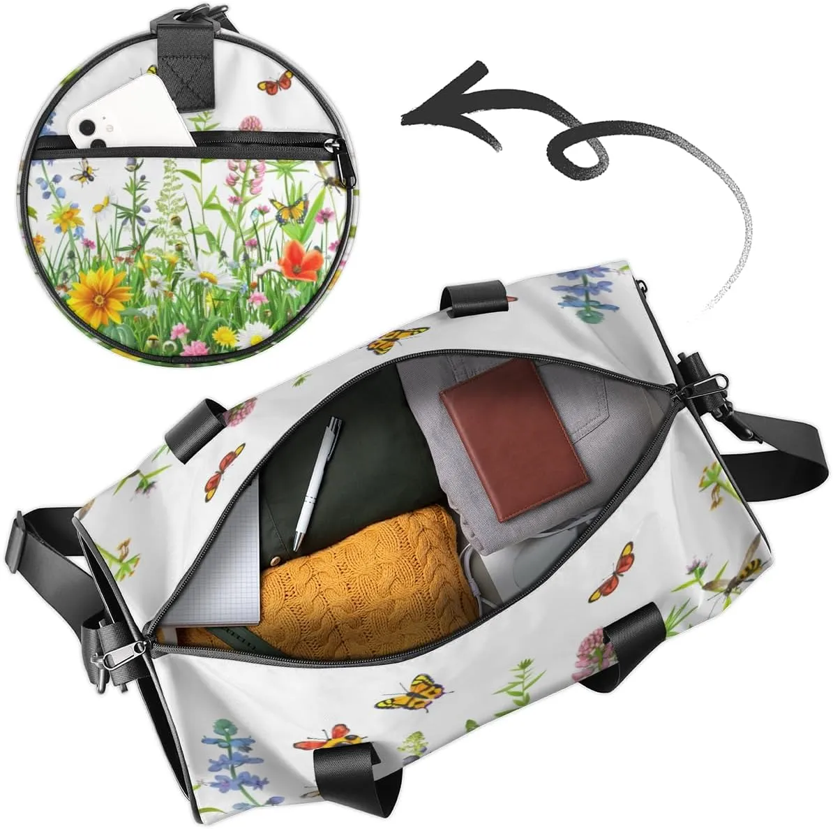 Spring Floral Custom Duffel Bags Watercolor Flower Butterfly Weekender Bags Custom Sport Duffel Bag Carry on Overnight Weekender Bag