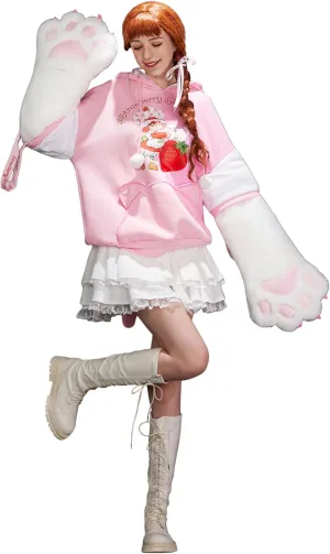 Strawberry Shortcake Women's Pullover Hoodie with Detachable Furry Cat Paw Gloves and Handbag Dual-purpose Sleeve