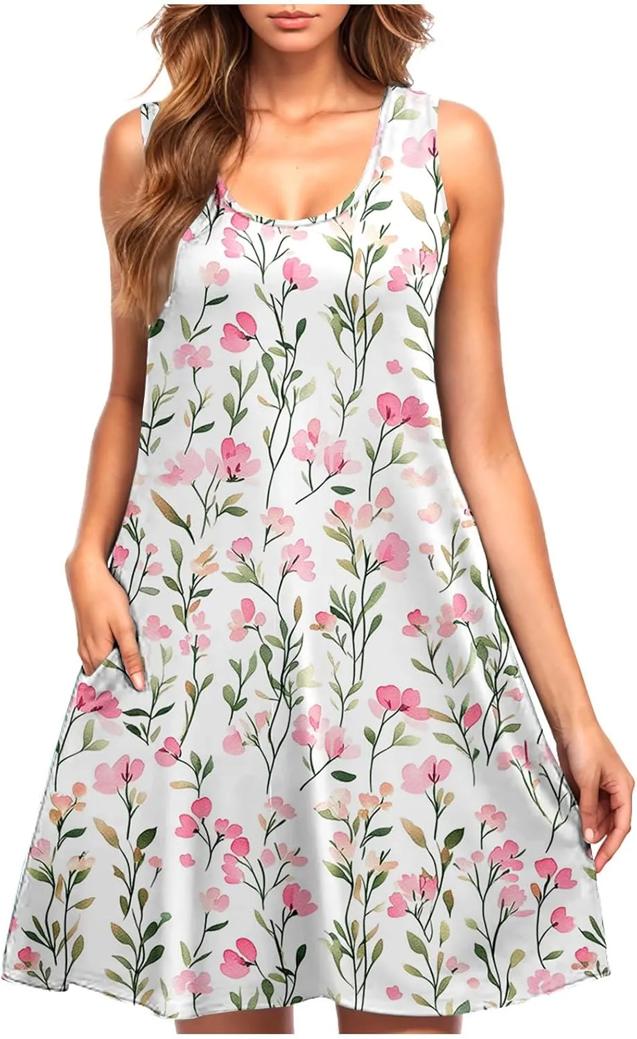 Summer Floral Print Sleeveless Dress for Women Scoop Neck A-Line Casual Tank Dresses Beach Vacation Sundress