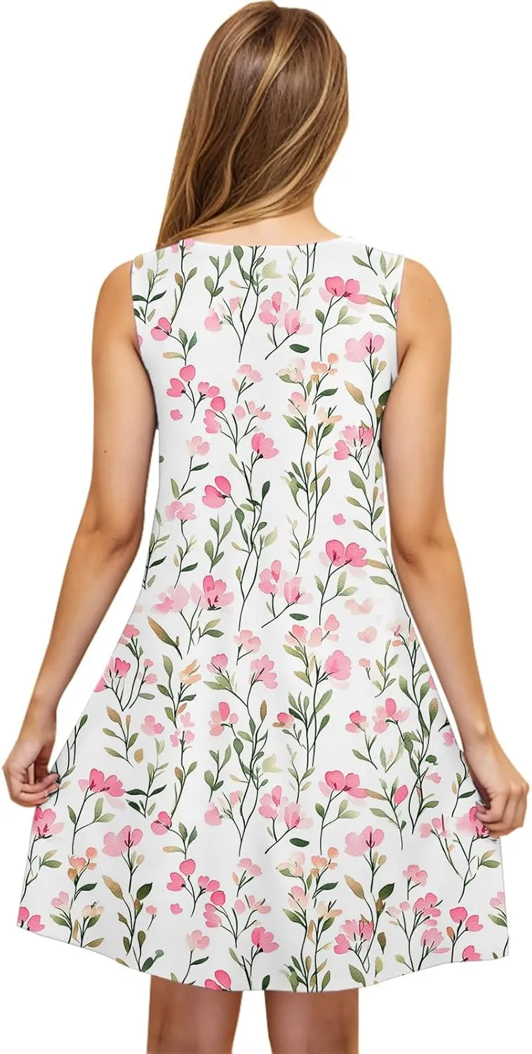 Summer Floral Print Sleeveless Dress for Women Scoop Neck A-Line Casual Tank Dresses Beach Vacation Sundress