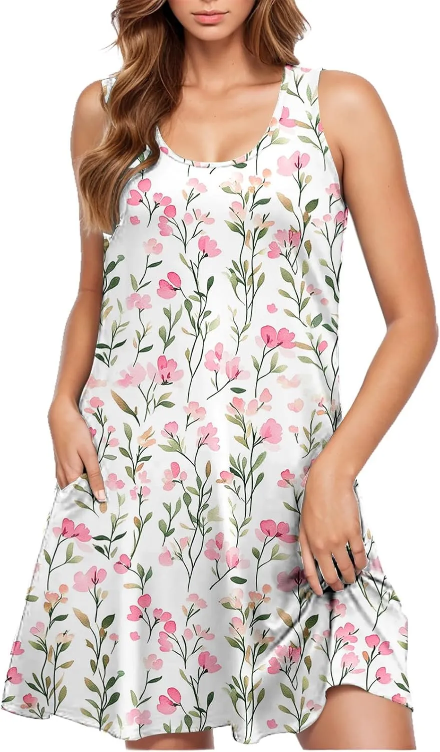 Summer Floral Print Sleeveless Dress for Women Scoop Neck A-Line Casual Tank Dresses Beach Vacation Sundress