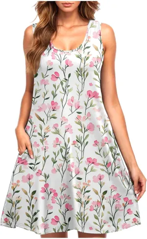 Summer Floral Print Sleeveless Dress for Women Scoop Neck A-Line Casual Tank Dresses Beach Vacation Sundress