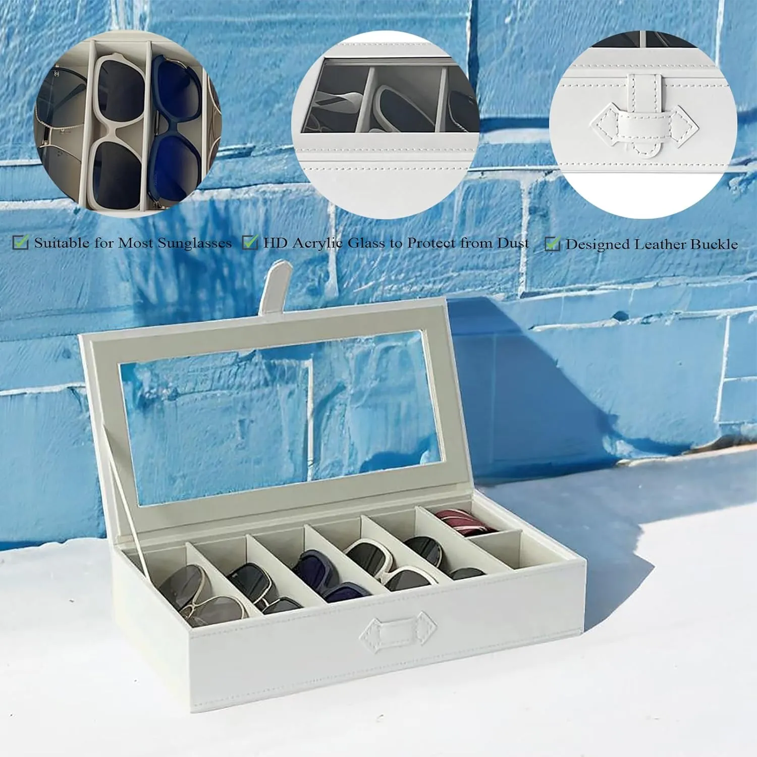 Sunglasses Case Organizer, Multiple Sunglasses Eyeglass Glasses Display Holder Collector, 5 Slots for Sunglasses Storage and 2 Small Slots for Accessories, White