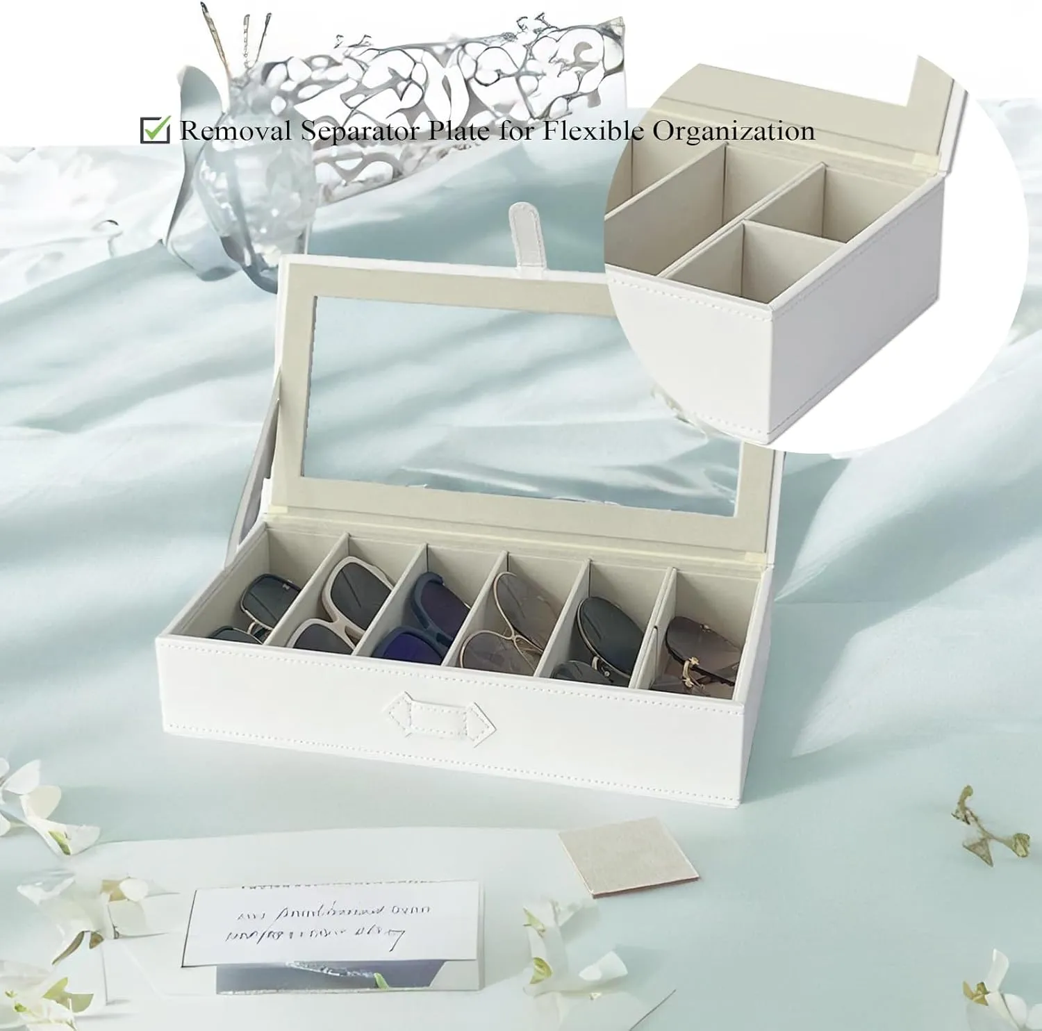 Sunglasses Case Organizer, Multiple Sunglasses Eyeglass Glasses Display Holder Collector, 5 Slots for Sunglasses Storage and 2 Small Slots for Accessories, White