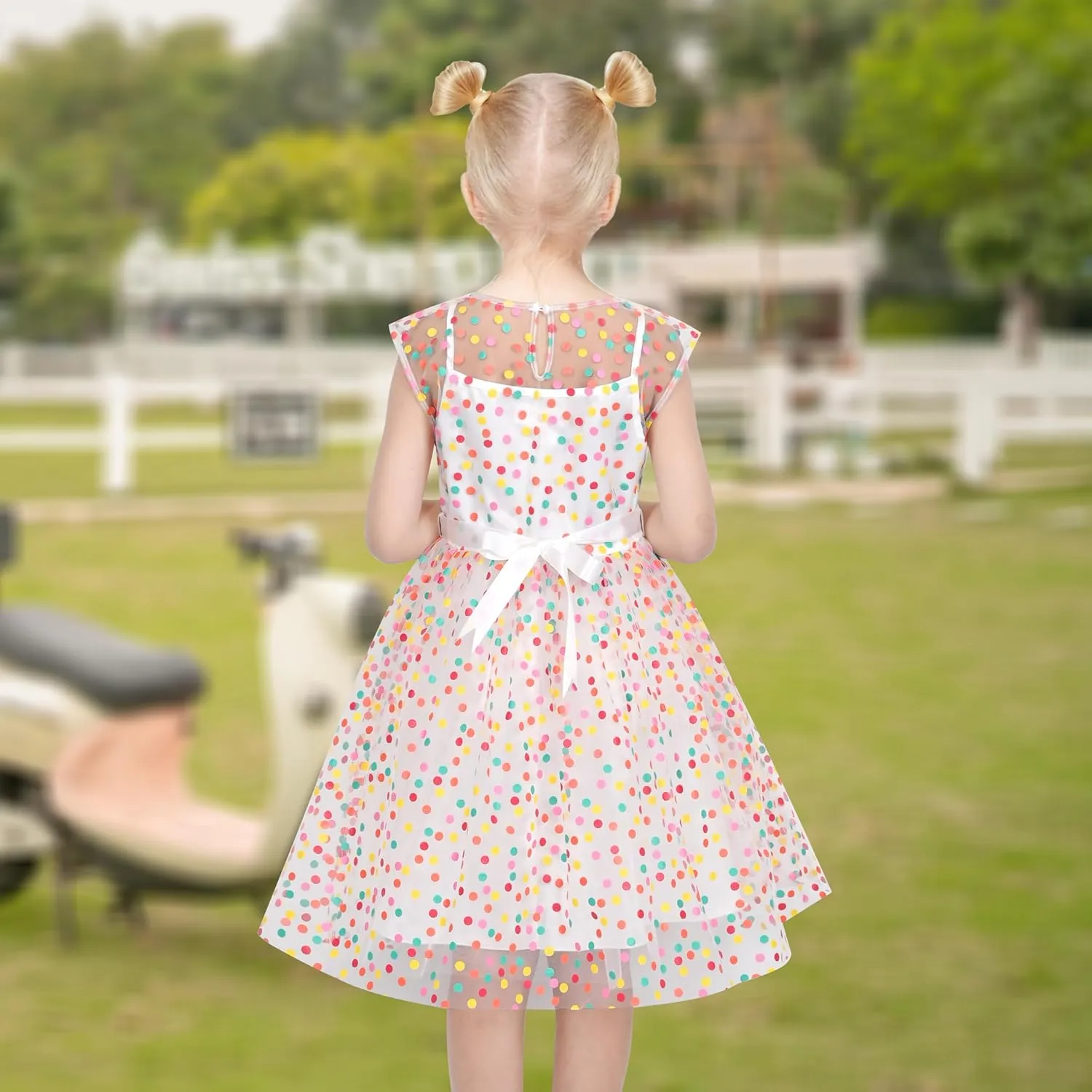 Sunny Fashion Girls Dress Caramel Star Lace Short Sleeve Pleated Collar Dress