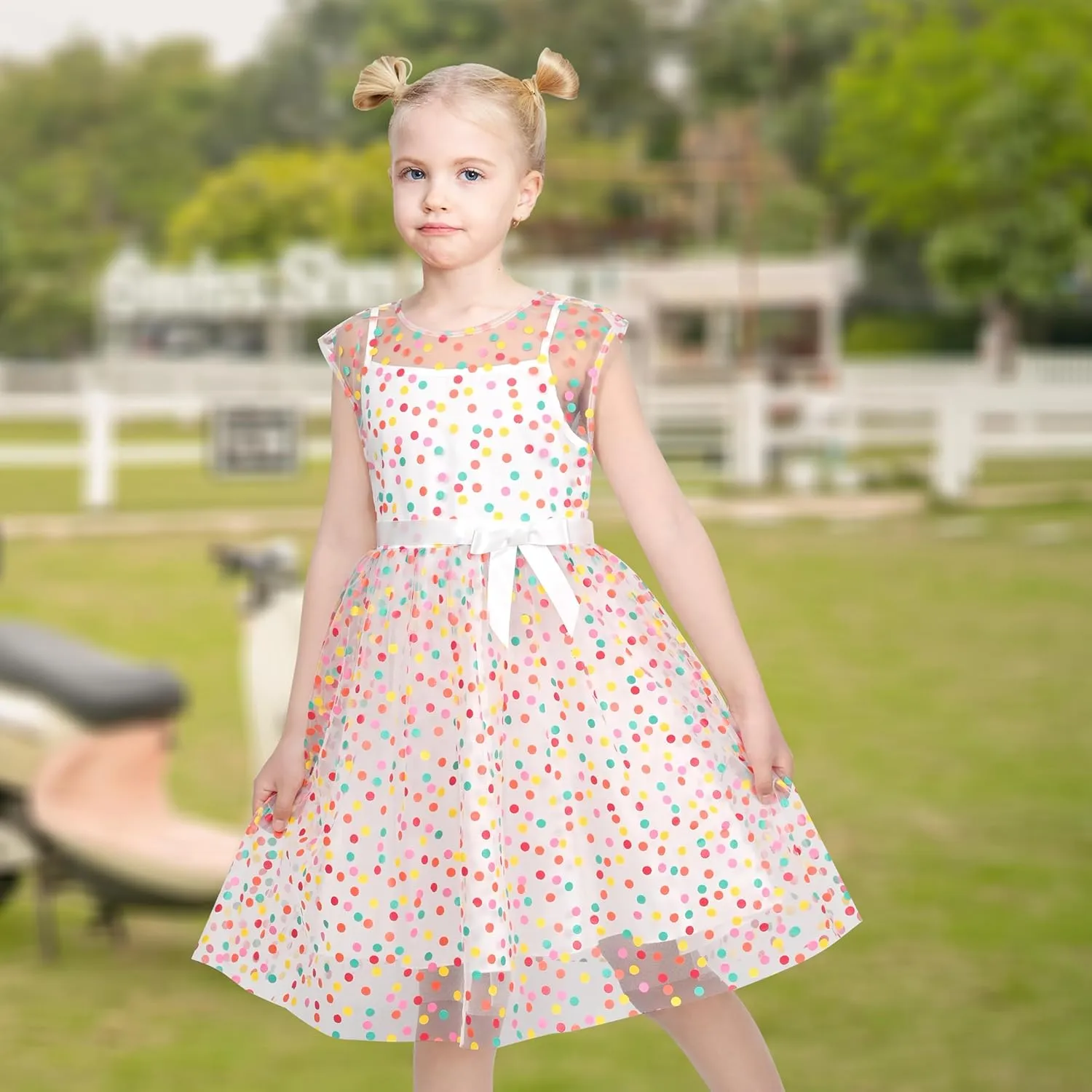 Sunny Fashion Girls Dress Caramel Star Lace Short Sleeve Pleated Collar Dress