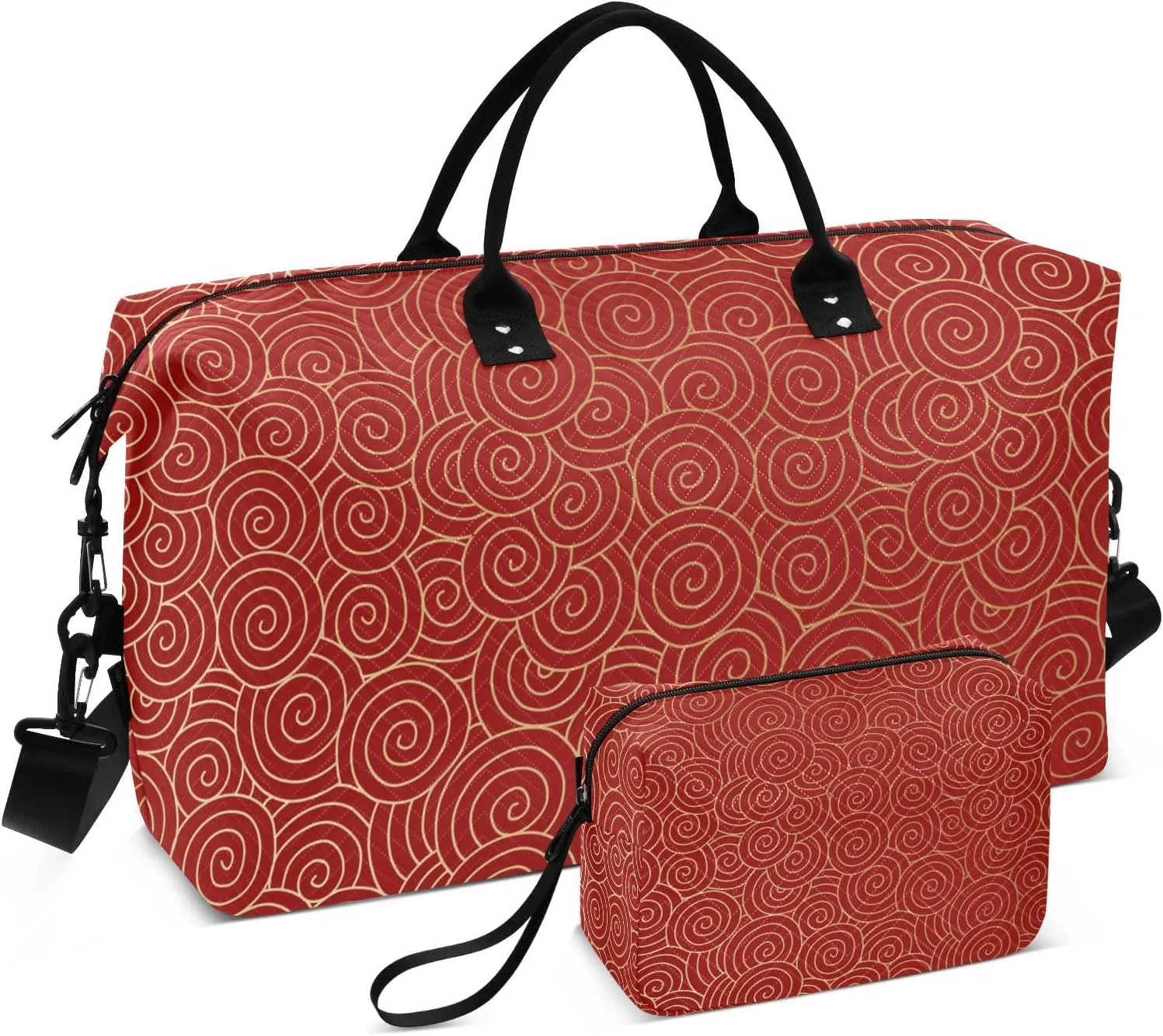 susiyo Travel Duffel Bags Chinese Red Vintage Cloud Quilted Gym Bag Weekender Overnight Bags with Small Makeup Pouch