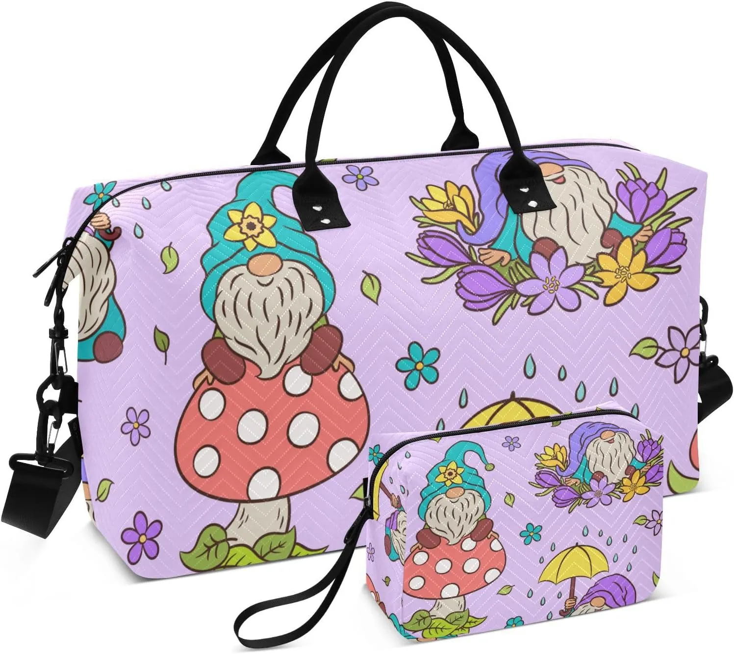 susiyo Travel Duffel Bags Cute Gnomes Spring Pattern Quilted Gym Bag Weekender Overnight Bags with Small Makeup Pouch