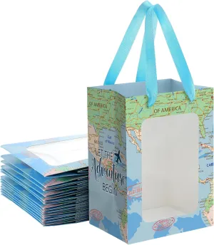 Sweetude 12 Pcs World Map Party Favor Bag with Transparent Window, 9.84"x7.0"x5.12" Travel Kraft Paper Gift Shopping Bags with Handles for Present, Festivals Party