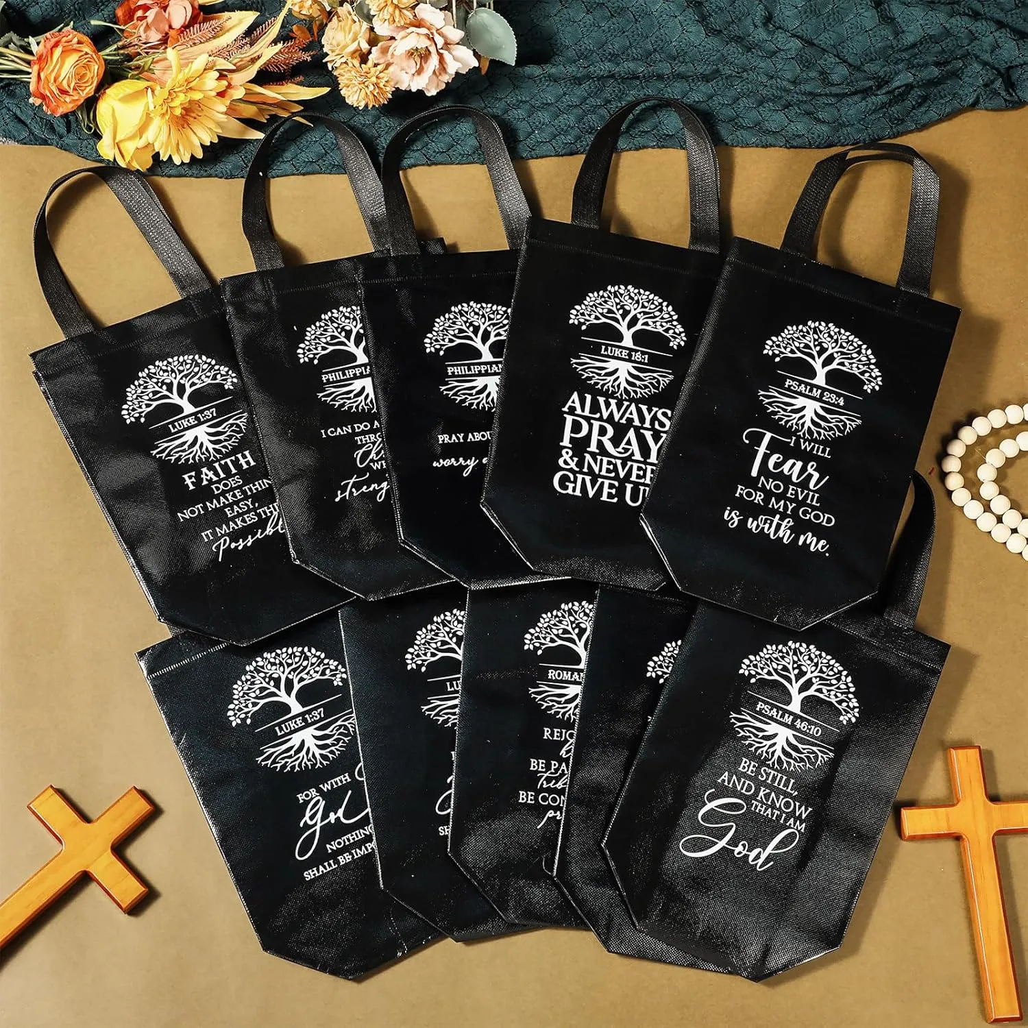 Sweetude 30 Pcs Christian Gift Bag Bulk Fathers Day Religious Gift Bag with Handle Medium Size Bible Verse Baptism Reusable Welcome Non Woven Handbag for Family Holy Week Church Father(Black)