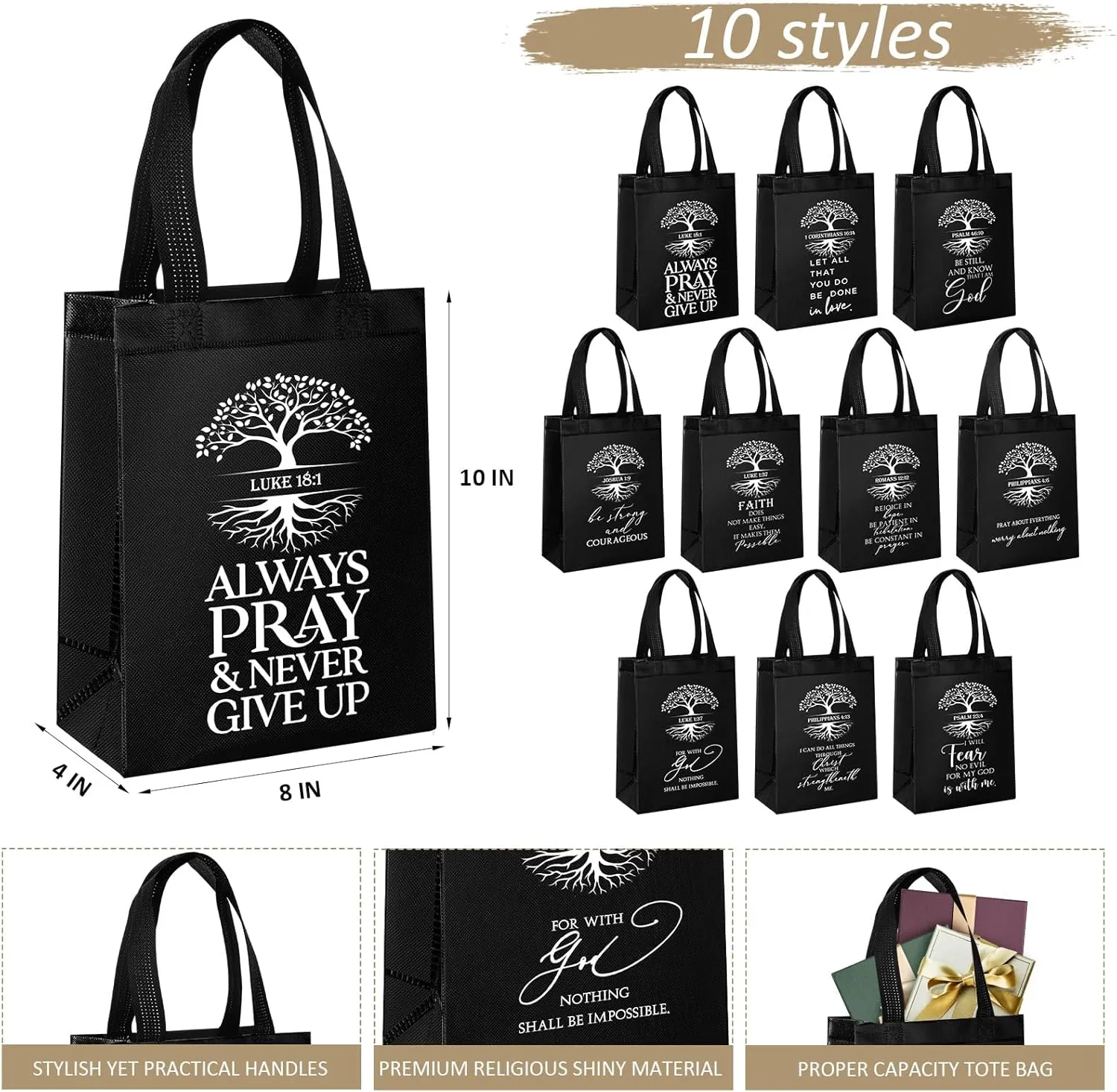 Sweetude 30 Pcs Christian Gift Bag Bulk Fathers Day Religious Gift Bag with Handle Medium Size Bible Verse Baptism Reusable Welcome Non Woven Handbag for Family Holy Week Church Father(Black)