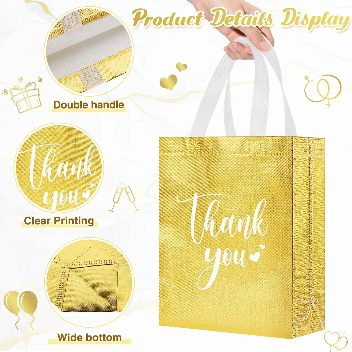 Sweetude 80 Pcs Thank You Gift Bags with Handles Bulk Reusable 10 x 8 x 4 Inch Non Woven Employee Appreciation Gift Bags for Bachelorette Wedding Anniversaries(Gold)