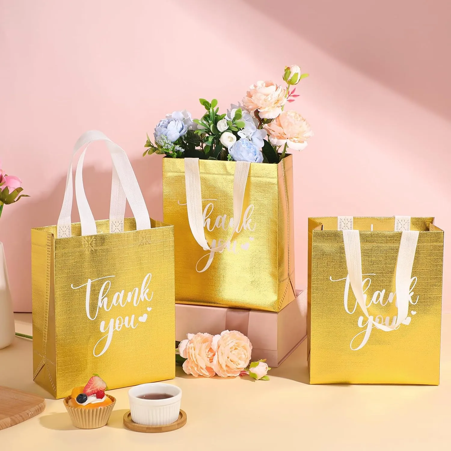 Sweetude 80 Pcs Thank You Gift Bags with Handles Bulk Reusable 10 x 8 x 4 Inch Non Woven Employee Appreciation Gift Bags for Bachelorette Wedding Anniversaries(Gold)