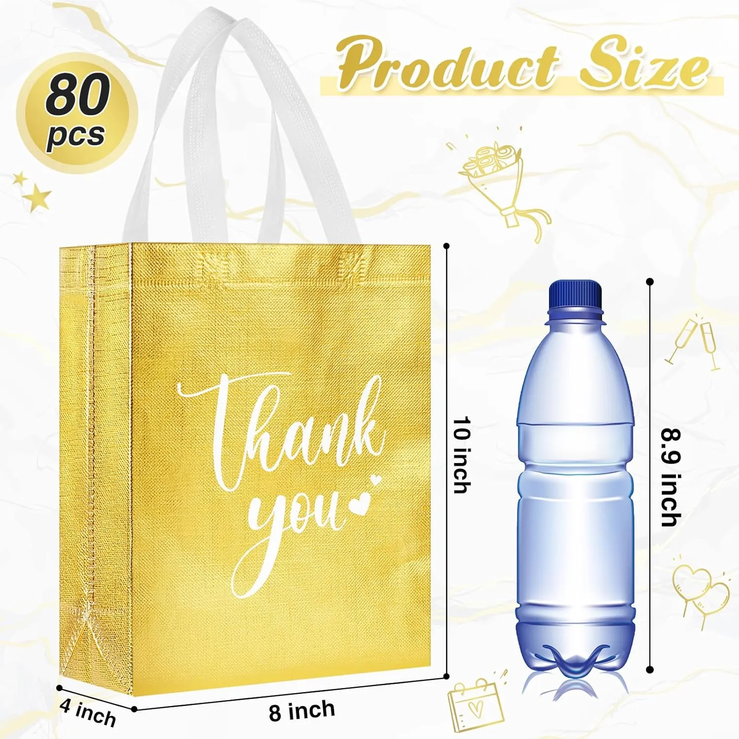Sweetude 80 Pcs Thank You Gift Bags with Handles Bulk Reusable 10 x 8 x 4 Inch Non Woven Employee Appreciation Gift Bags for Bachelorette Wedding Anniversaries(Gold)
