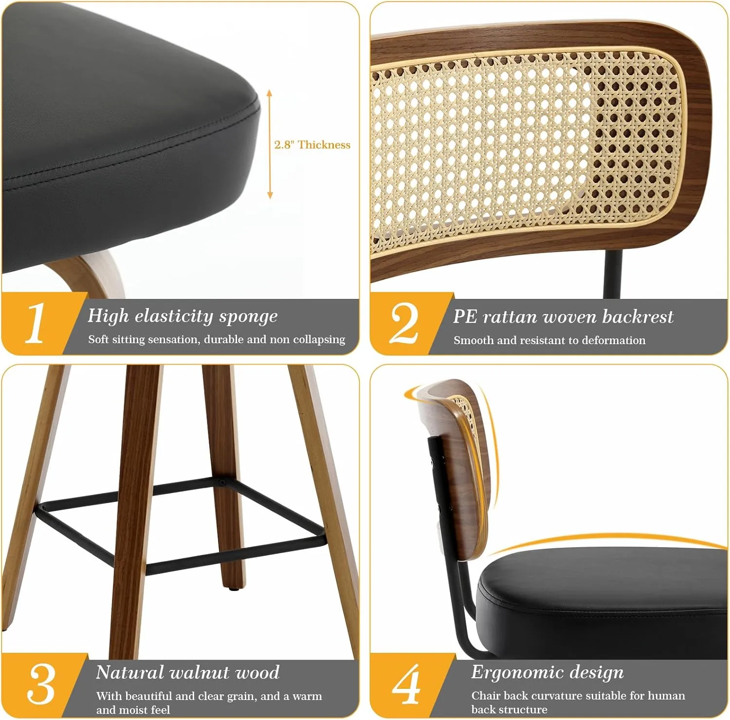 Swivel Counter Height Bar Stools Set of 3, Upholstered Faux Leather Barstools with Rattan Back, 26" Seat Height Bar Chairs for Kitchen Island, Bentwood Wood Frame, Black
