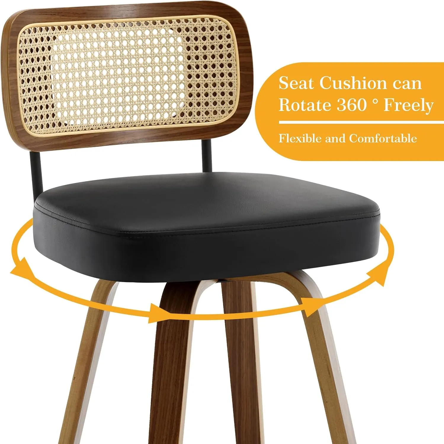 Swivel Counter Height Bar Stools Set of 3, Upholstered Faux Leather Barstools with Rattan Back, 26" Seat Height Bar Chairs for Kitchen Island, Bentwood Wood Frame, Black