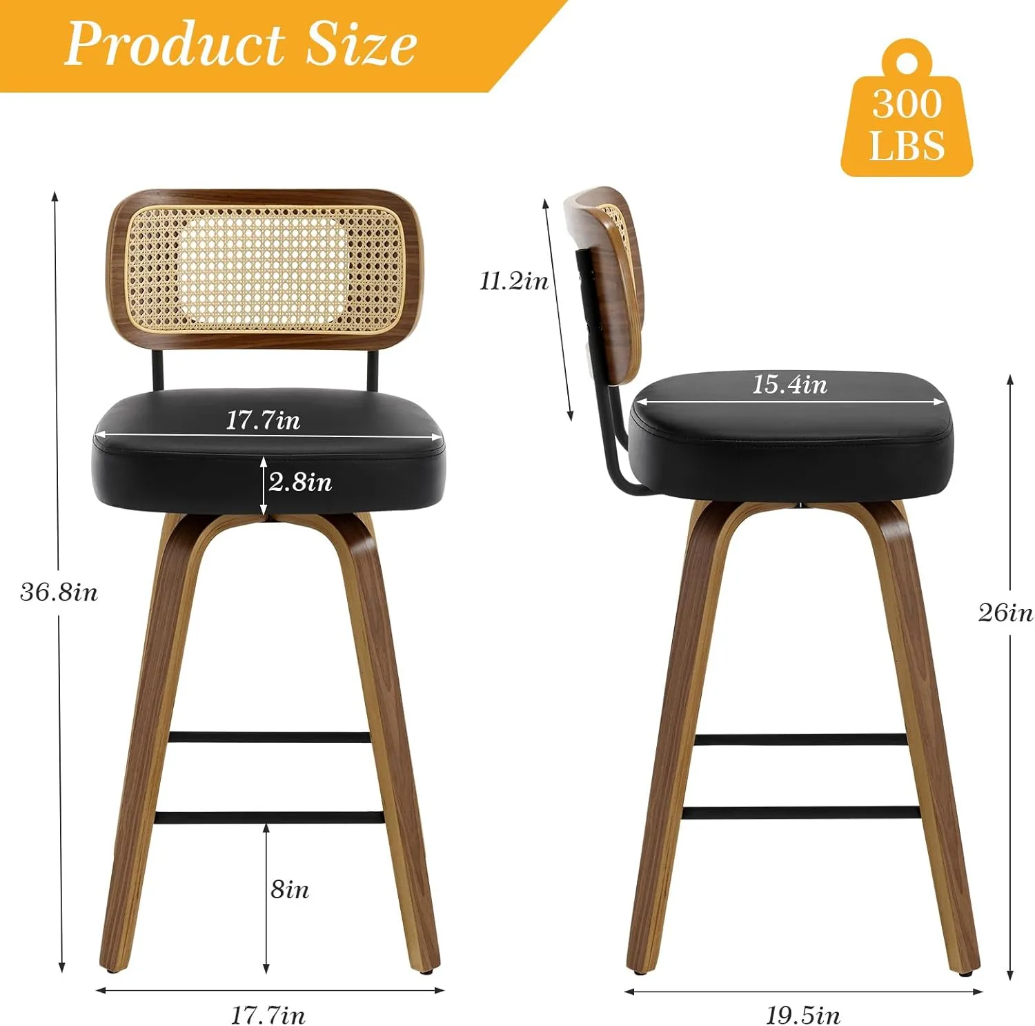 Swivel Counter Height Bar Stools Set of 3, Upholstered Faux Leather Barstools with Rattan Back, 26" Seat Height Bar Chairs for Kitchen Island, Bentwood Wood Frame, Black