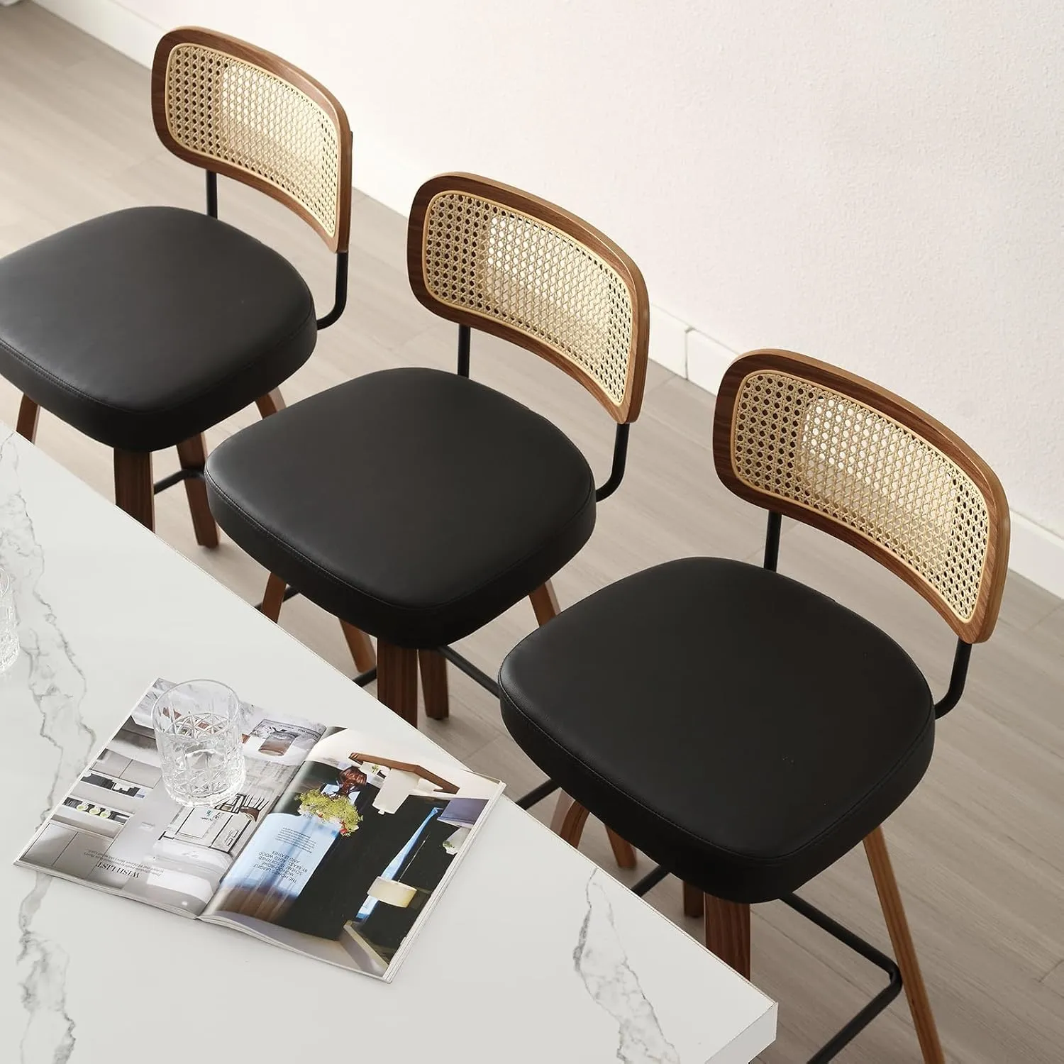 Swivel Counter Height Bar Stools Set of 3, Upholstered Faux Leather Barstools with Rattan Back, 26" Seat Height Bar Chairs for Kitchen Island, Bentwood Wood Frame, Black
