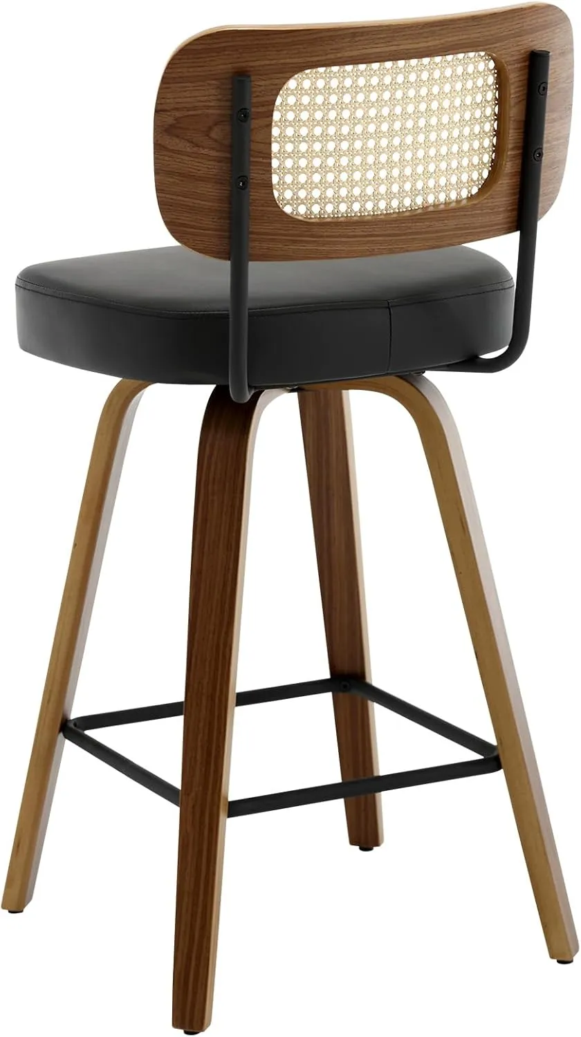 Swivel Counter Height Bar Stools Set of 3, Upholstered Faux Leather Barstools with Rattan Back, 26" Seat Height Bar Chairs for Kitchen Island, Bentwood Wood Frame, Black