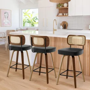 Swivel Counter Height Bar Stools Set of 3, Upholstered Faux Leather Barstools with Rattan Back, 26" Seat Height Bar Chairs for Kitchen Island, Bentwood Wood Frame, Black