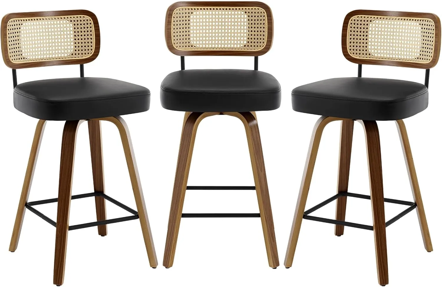 Swivel Counter Height Bar Stools Set of 3, Upholstered Faux Leather Barstools with Rattan Back, 26" Seat Height Bar Chairs for Kitchen Island, Bentwood Wood Frame, Black