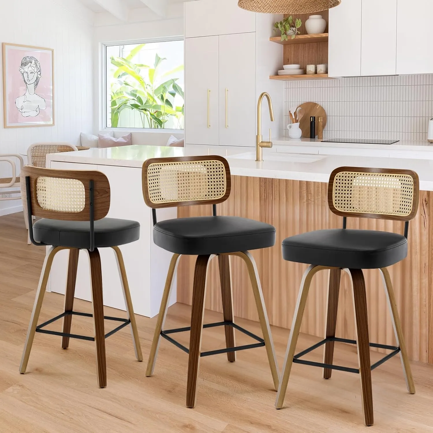 Swivel Counter Height Bar Stools Set of 3, Upholstered Faux Leather Barstools with Rattan Back, 26" Seat Height Bar Chairs for Kitchen Island, Bentwood Wood Frame, Black