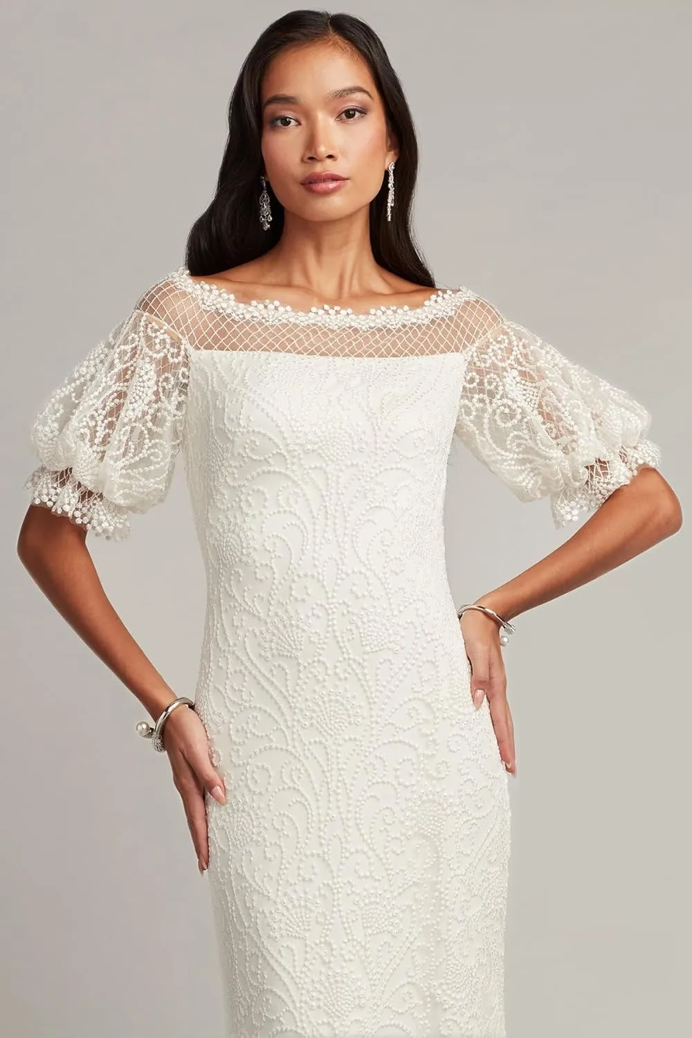 Tadashi Shoji Whelan Embroidered Puff-Sleeve Gown