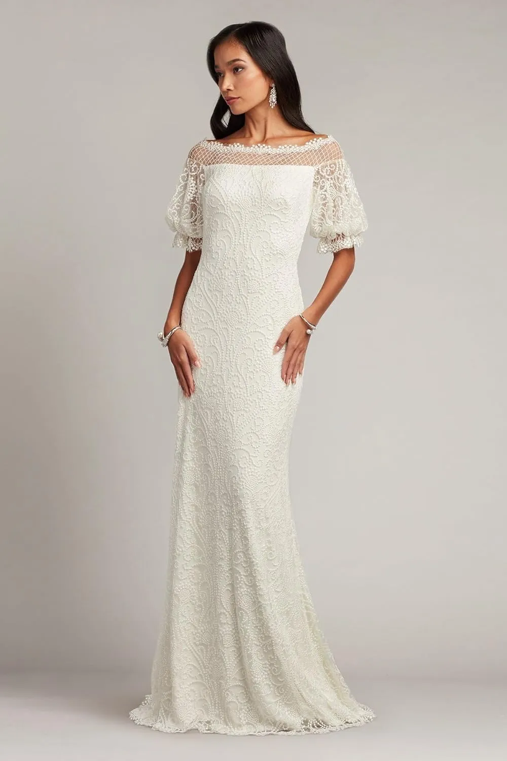 Tadashi Shoji Whelan Embroidered Puff-Sleeve Gown