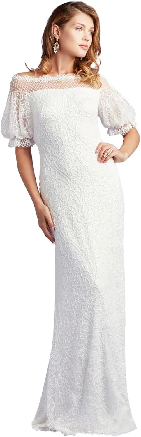 Tadashi Shoji Whelan Embroidered Puff-Sleeve Gown