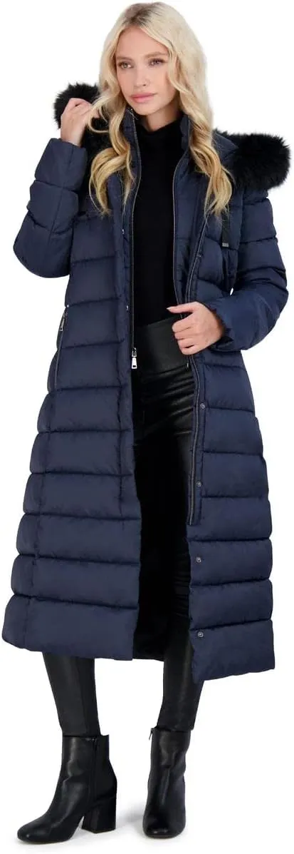 Tahari Nellie Long Coat for Women-Insulated Jacket with Removable Faux Fur Trim