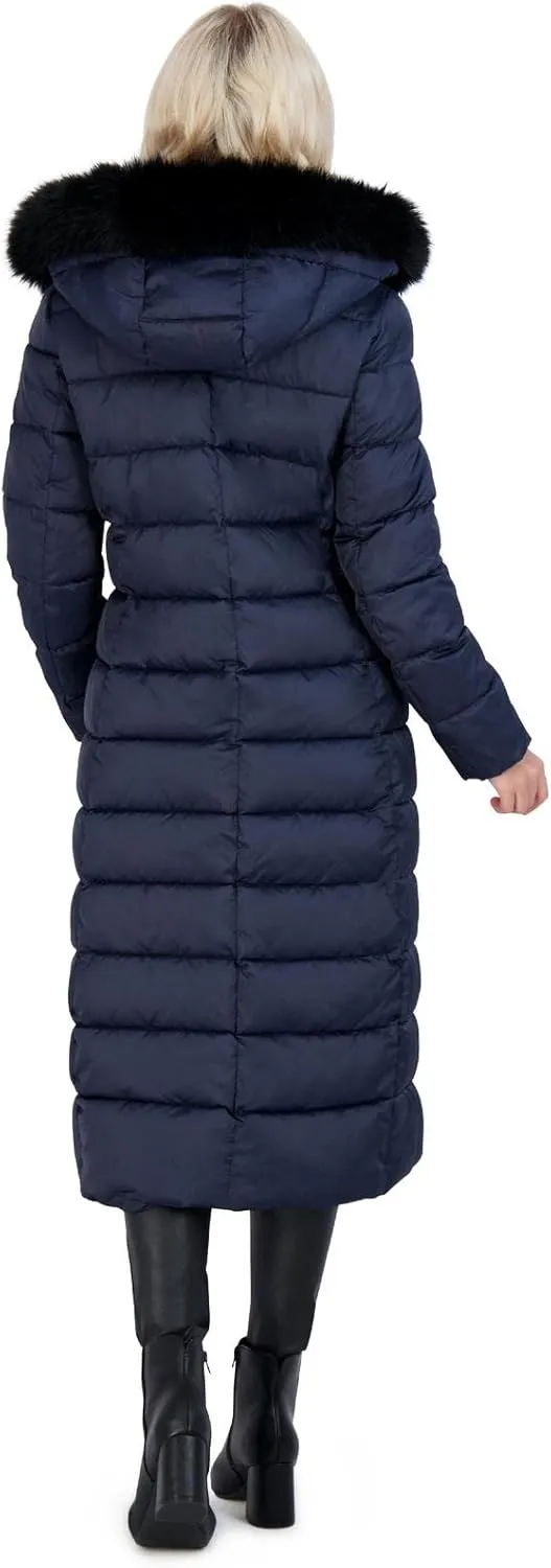 Tahari Nellie Long Coat for Women-Insulated Jacket with Removable Faux Fur Trim