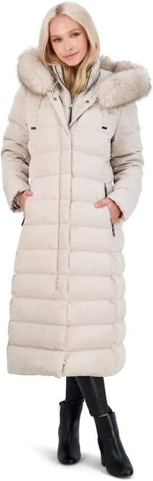 Tahari Nellie Long Coat for Women-Insulated Jacket with Removable Faux Fur Trim