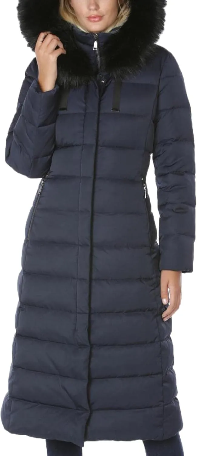 Tahari Nellie Long Coat for Women-Insulated Jacket with Removable Faux Fur Trim