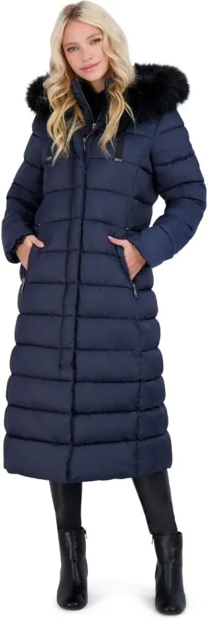 Tahari Nellie Long Coat for Women-Insulated Jacket with Removable Faux Fur Trim