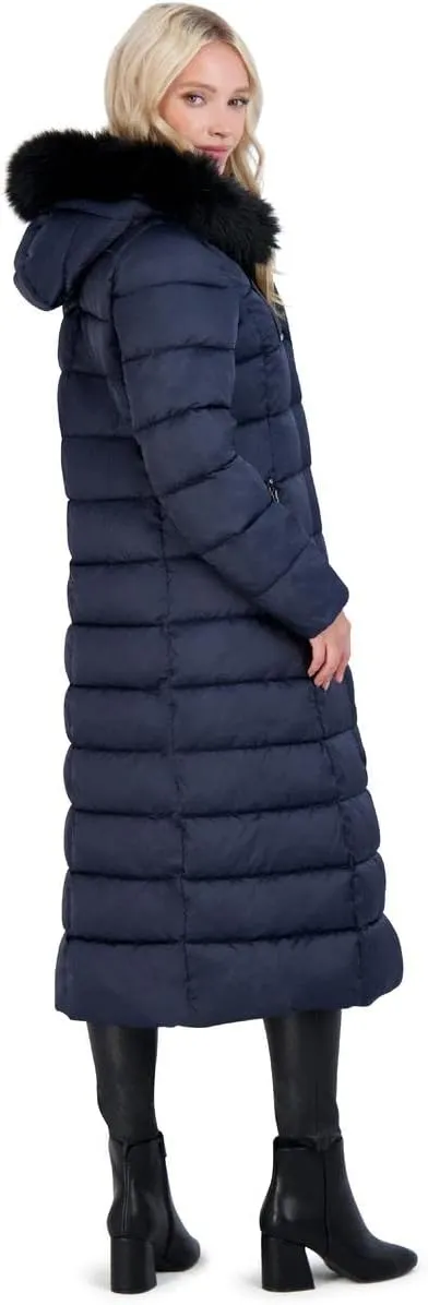 Tahari Nellie Long Coat for Women-Insulated Jacket with Removable Faux Fur Trim