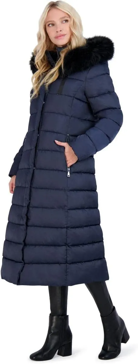 Tahari Nellie Long Coat for Women-Insulated Jacket with Removable Faux Fur Trim