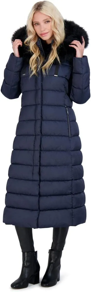 Tahari Nellie Long Coat for Women-Insulated Jacket with Removable Faux Fur Trim