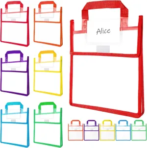 Tdfronien12 Pack Student Clear Book Pouches Bulk with Name Card Pocket and Handles Book Bags for Kids Organizing Storage Waterproof Pouches School Classroom Toys and Office (Bright Color,10 x 12 Inch)