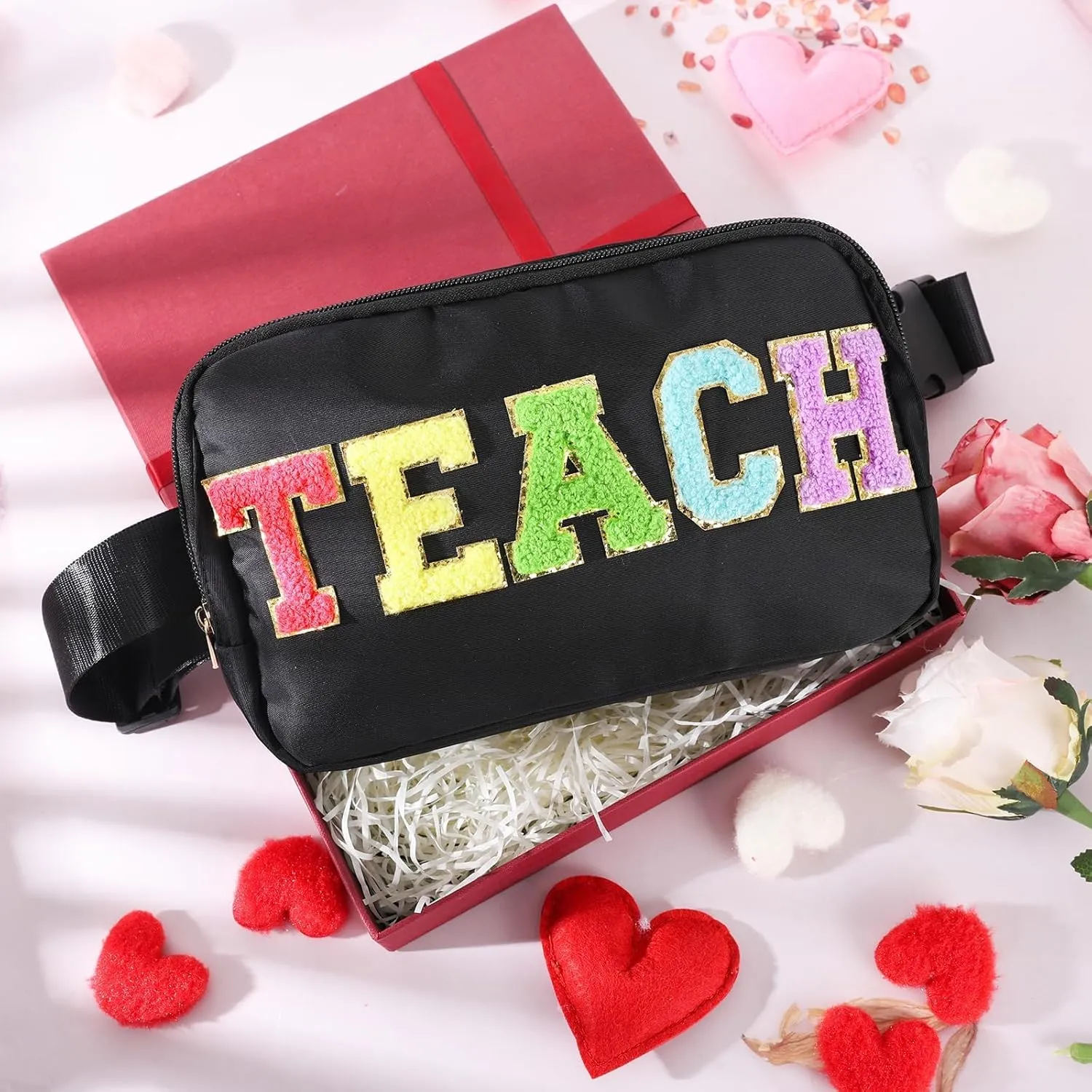 Teacher Bag Chenille Letter Patch Belt Teacher Bags Teacher Gift Cosmetic Bag Black Purse Crossbody Bag Nylon Adjustable Strap for Women Friends Coworkers Zipper Makeup Pouch