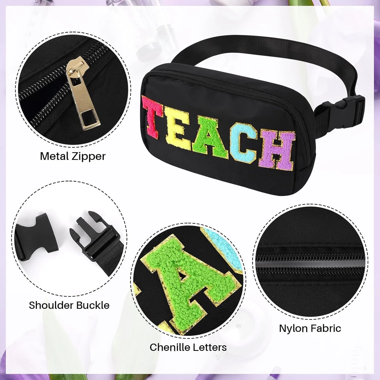 Teacher Bag Chenille Letter Patch Belt Teacher Bags Teacher Gift Cosmetic Bag Black Purse Crossbody Bag Nylon Adjustable Strap for Women Friends Coworkers Zipper Makeup Pouch
